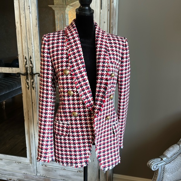 Balmain houndstooth red navy blazer jacket double breasted gold button sz 36 - Picture 3 of 12